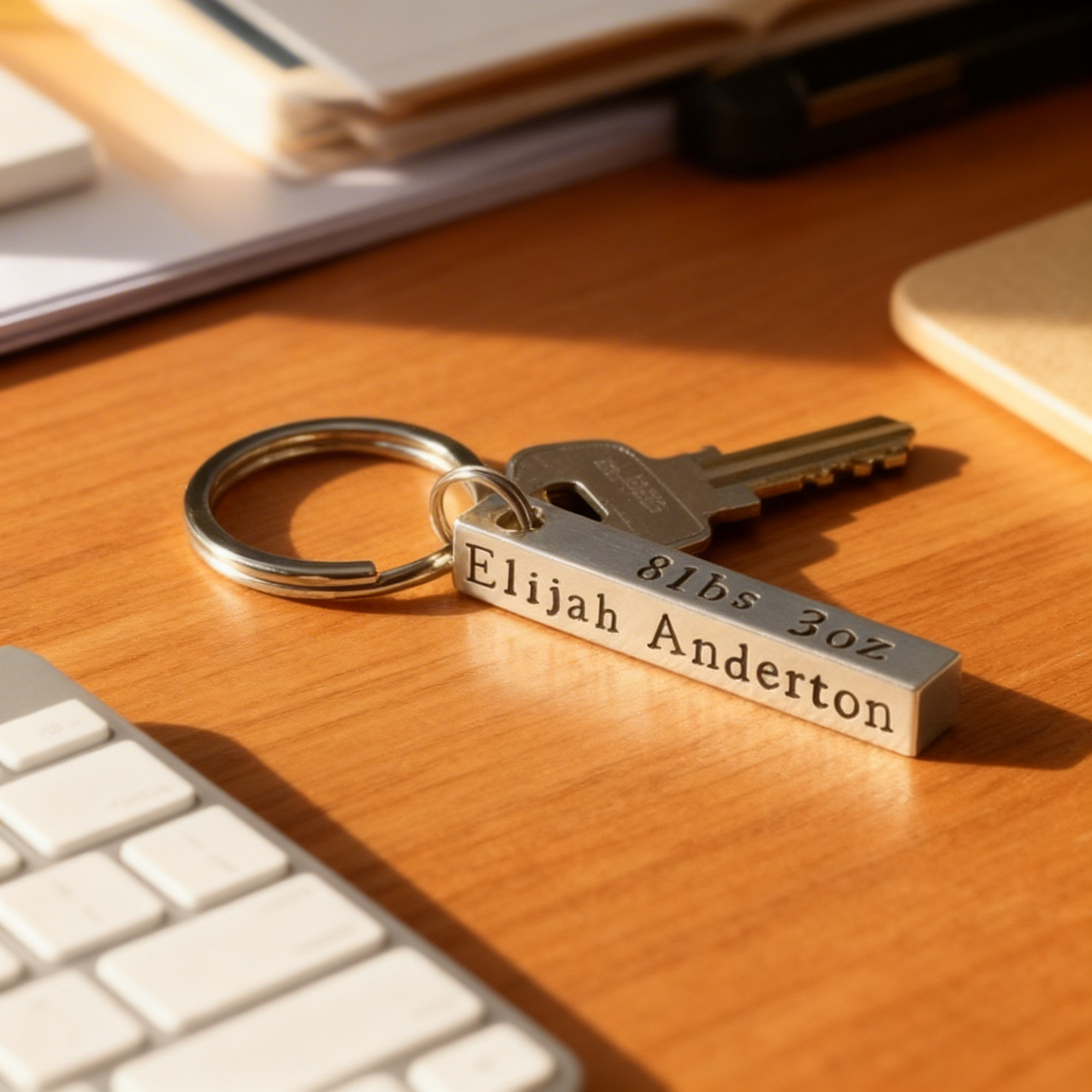 Hand-stamped baby birth details bar keyring attached to keys on a wooden desk, personalised keepsake gift