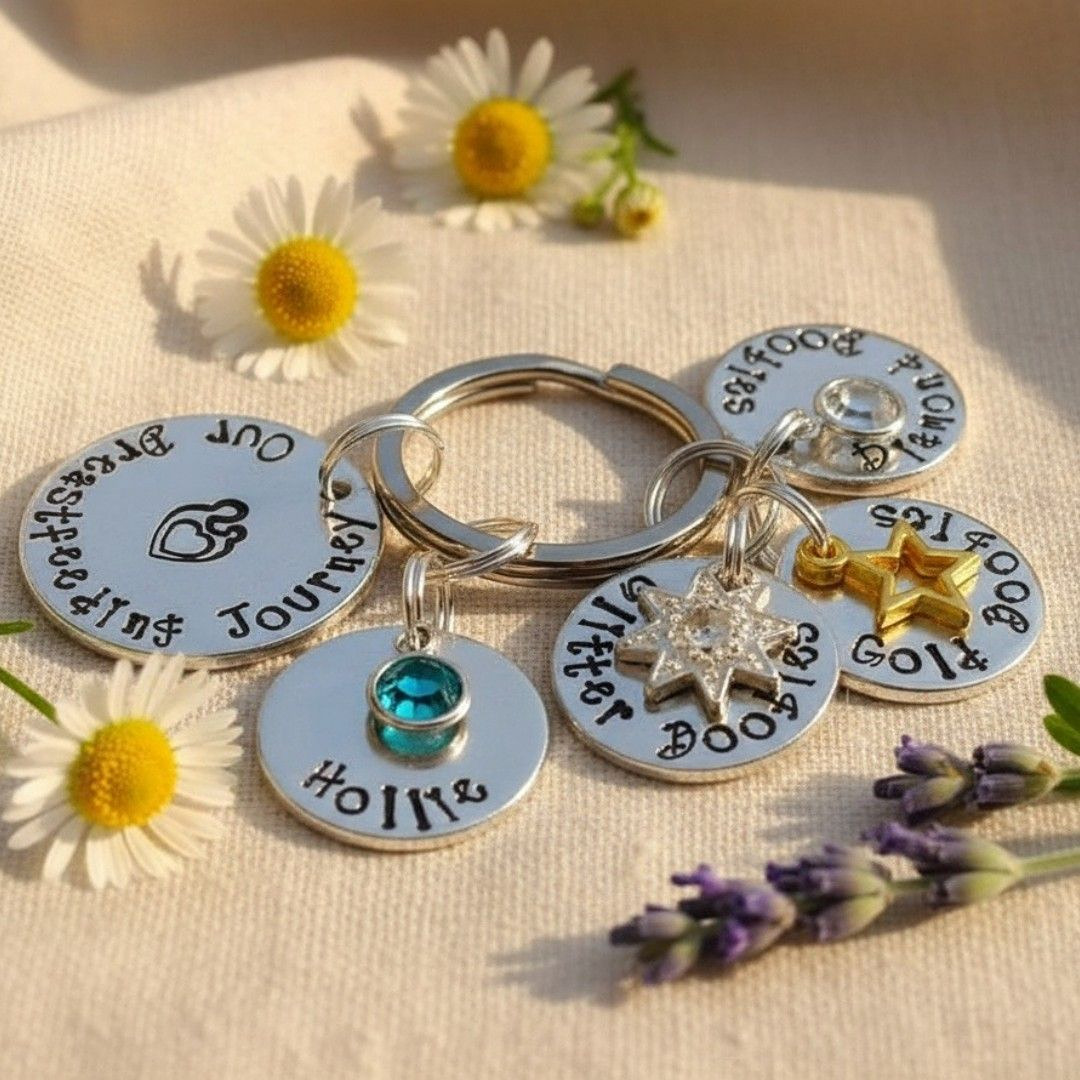 Hand-stamped personalised breastfeeding keyring, sentimental gift for new mums