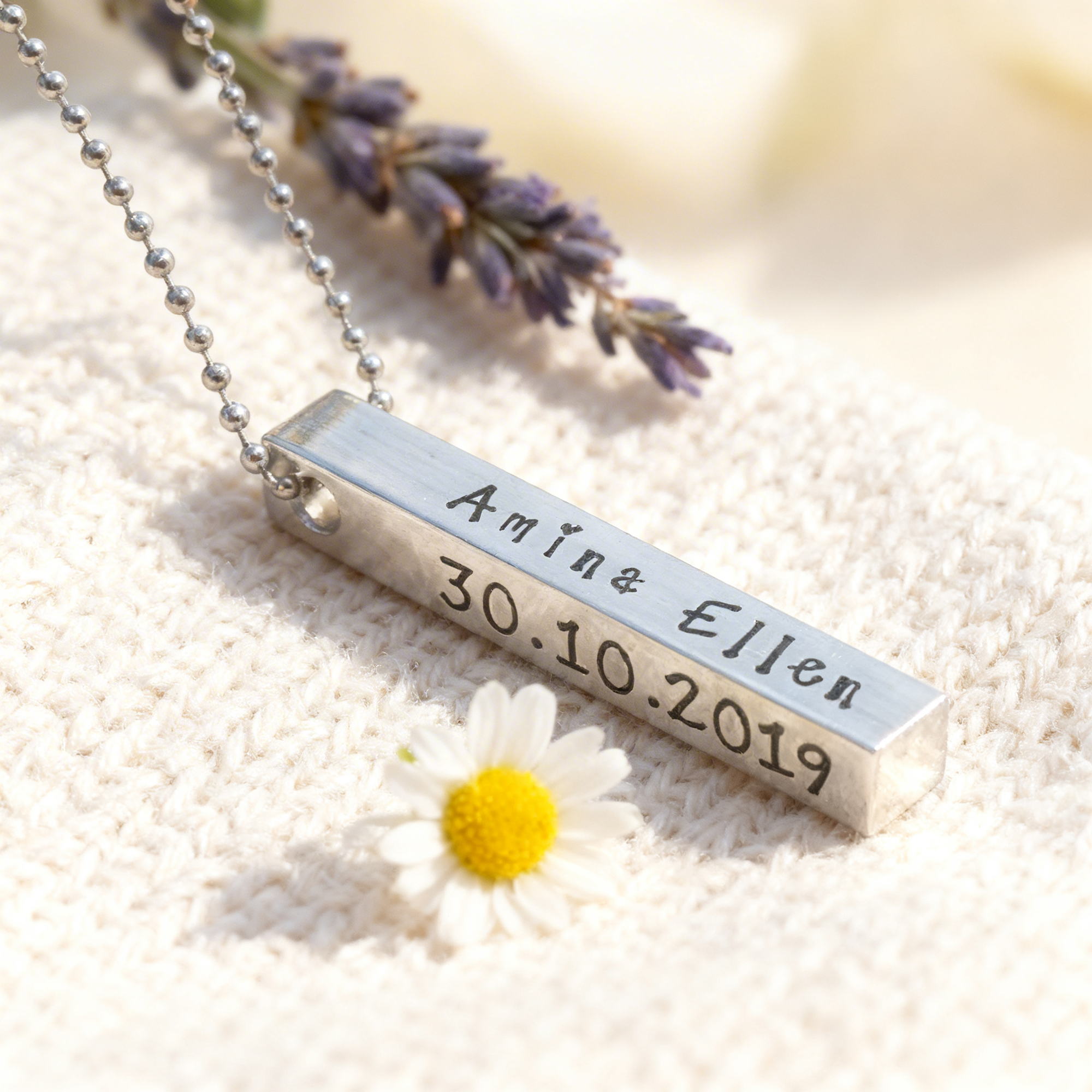 Hand-stamped personalised baby bar necklace, birth details or name, keepsake jewellery for new mums