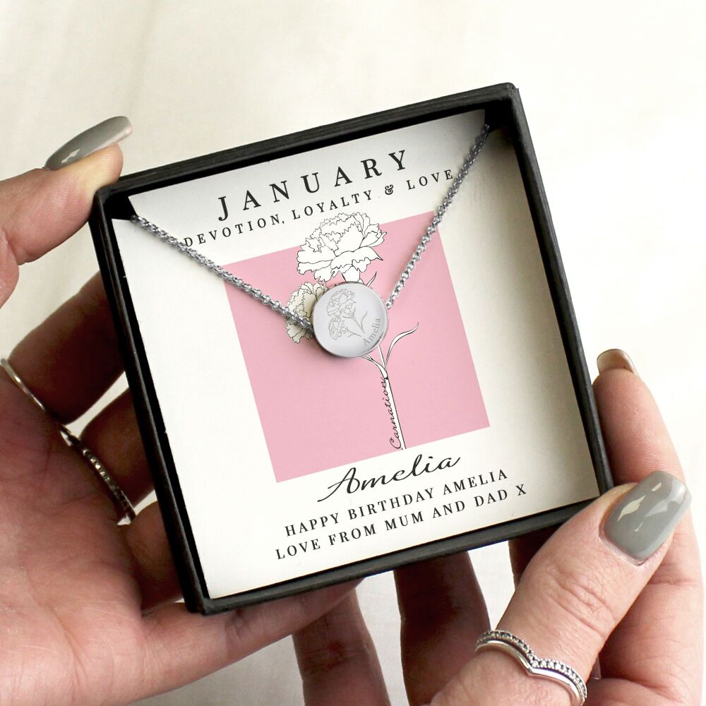 Personalised January birth flower necklace with Carnation engraving