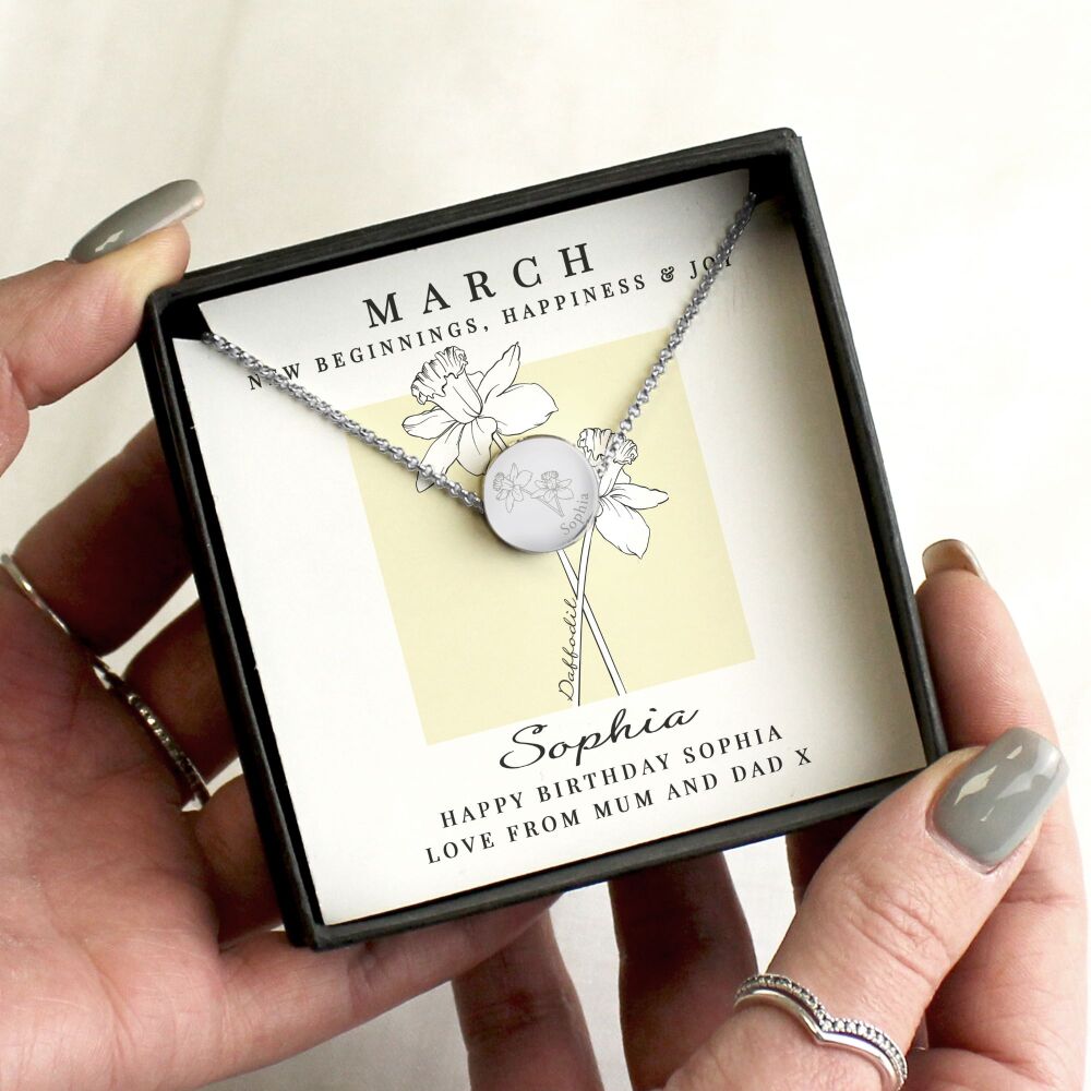 Personalised March birth flower necklace with Daffodil engraving