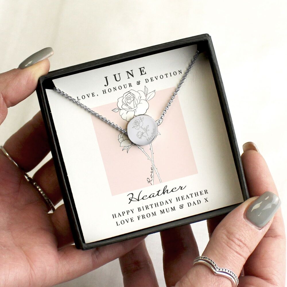 Personalised June birth flower necklace with Rose engraving