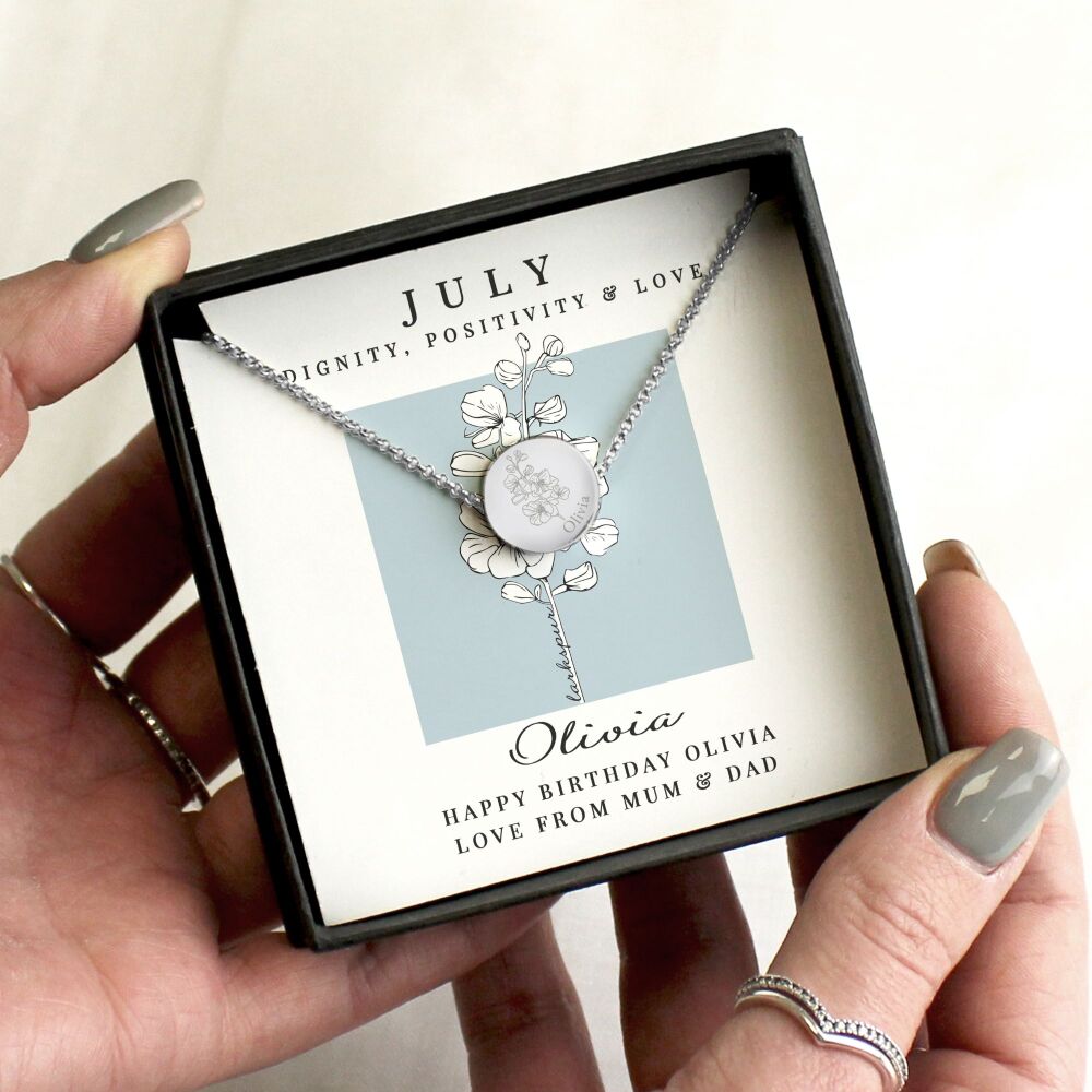 Personalised July birth flower necklace with Larkspur engraving