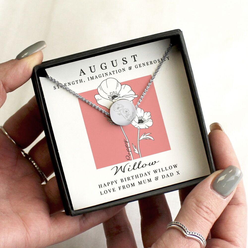 Personalised August birth flower necklace with Poppy engraving
