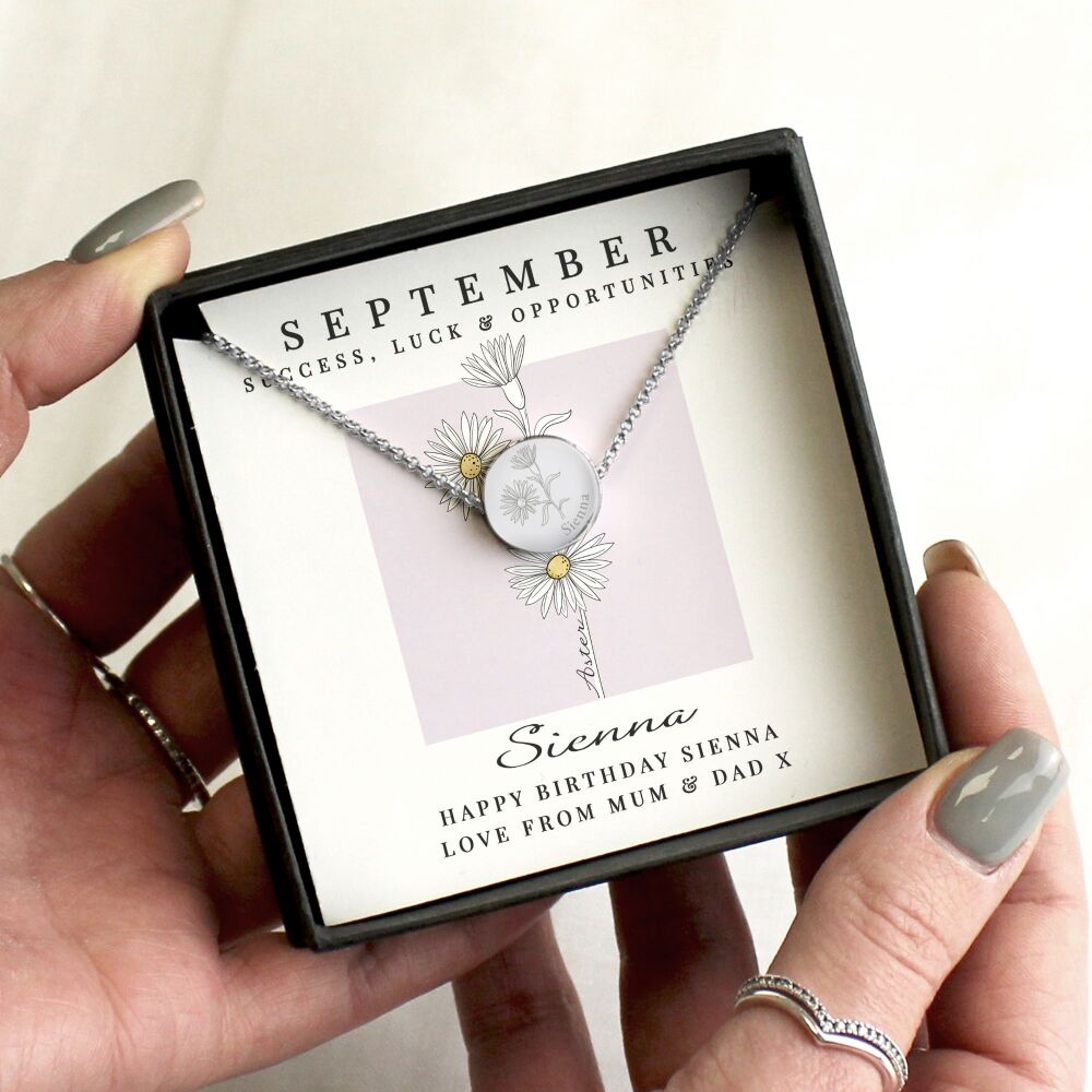Personalised September birth flower necklace with Aster engraving
