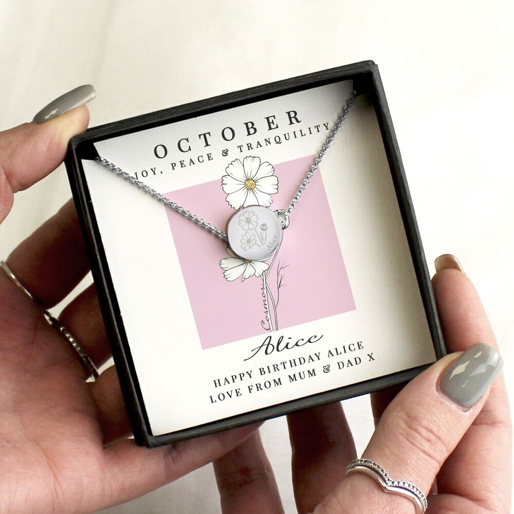 Personalised October birth flower necklace with Cosmos engraving