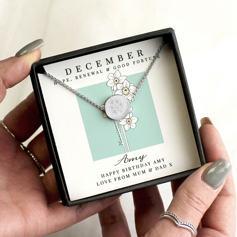 Personalised December birth flower necklace with Narcissus engraving