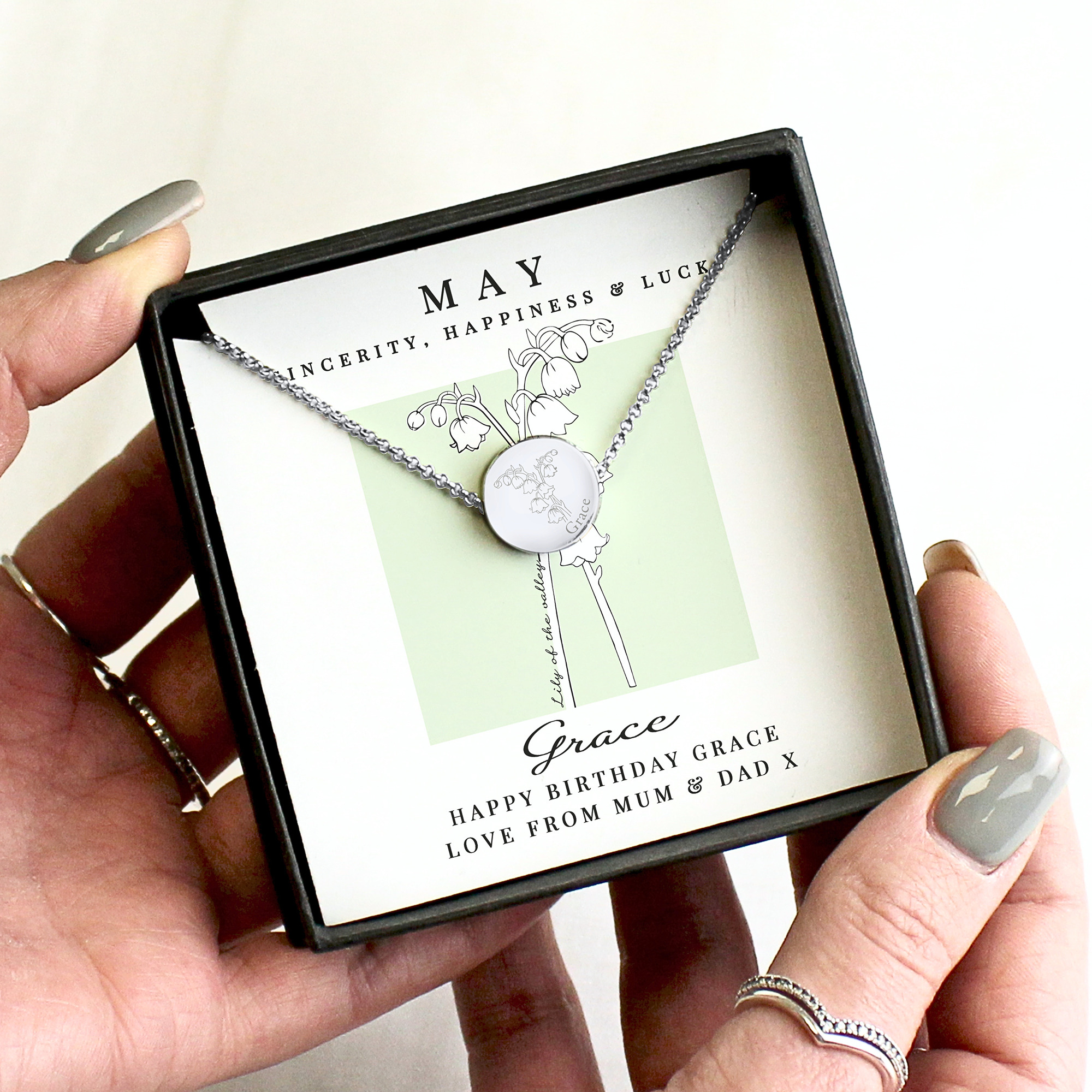 Personalised May birth flower necklace with lily of the valley pendant and custom name in gift box
