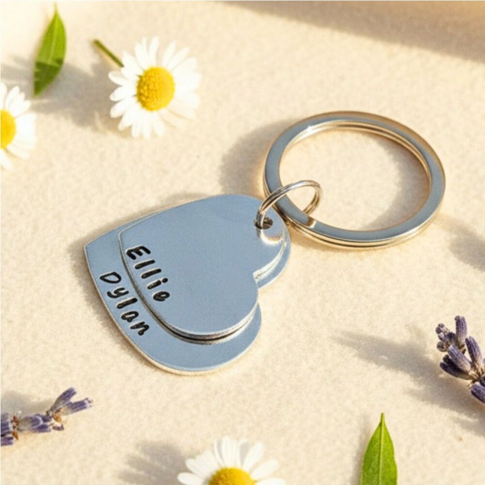 Personalised Two Heart Stacked Keyring &ndash; Aluminium Name Keychain