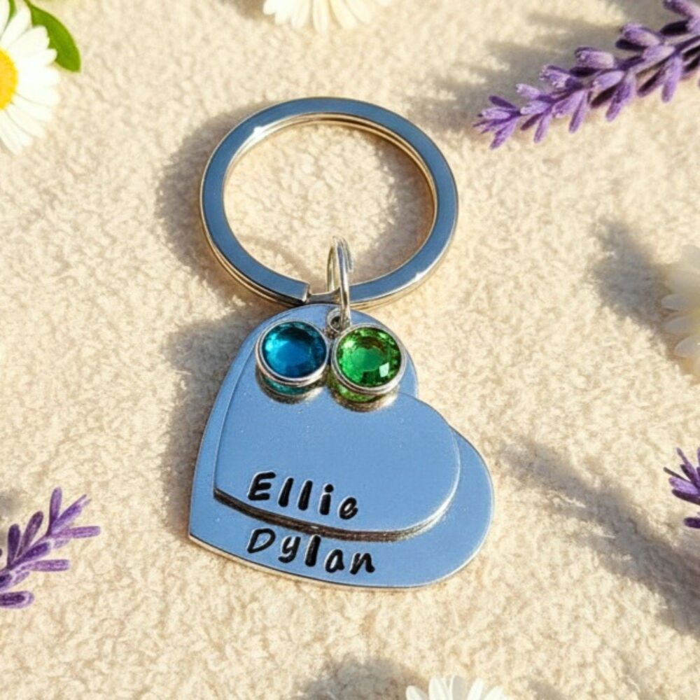 Personalised Two Heart Birthstone Keyring &ndash; Aluminium Name Keychain