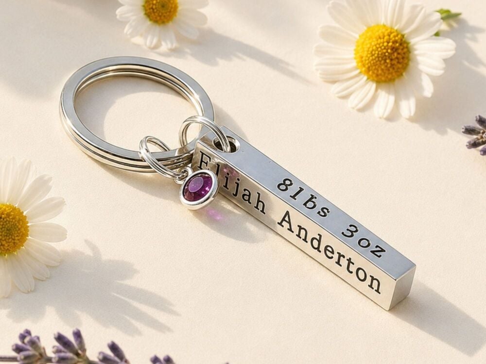 Personalised Baby Birth Details Keyring with Birthstone