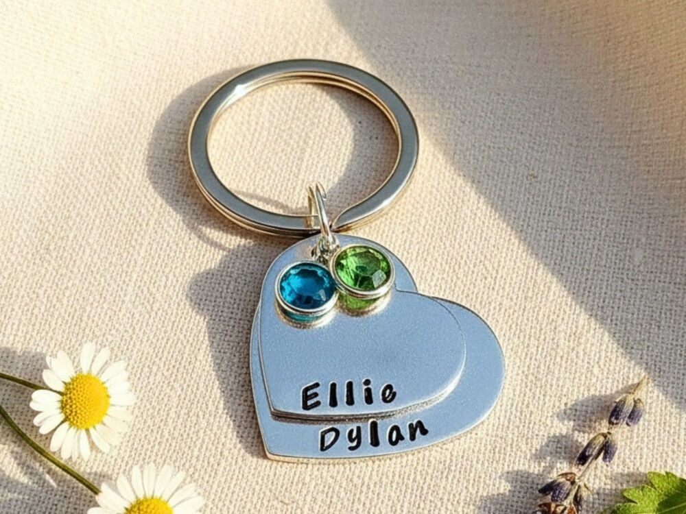 Personalised Two Heart Birthstone Keyring