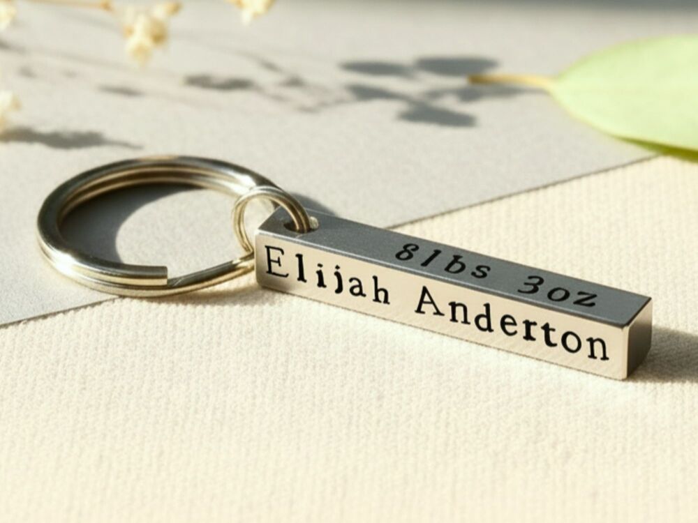 Personalised baby birth keyring for Dad handmade in Somerset