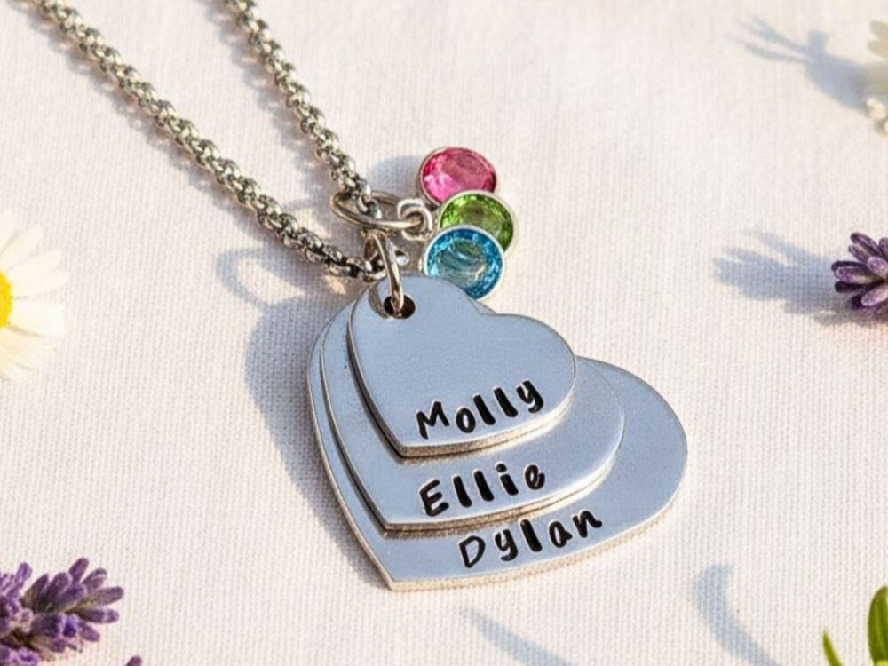 Personalised three heart birthstone necklace handmade in Somerset