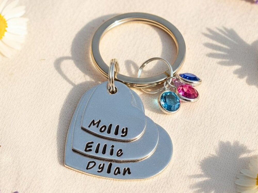 Personalised Three Heart Birthstone Keyring