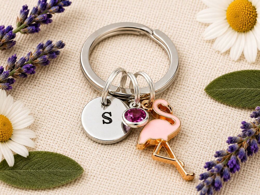 Personalised Flamingo Keyring with Initial & Birthstone Charm
