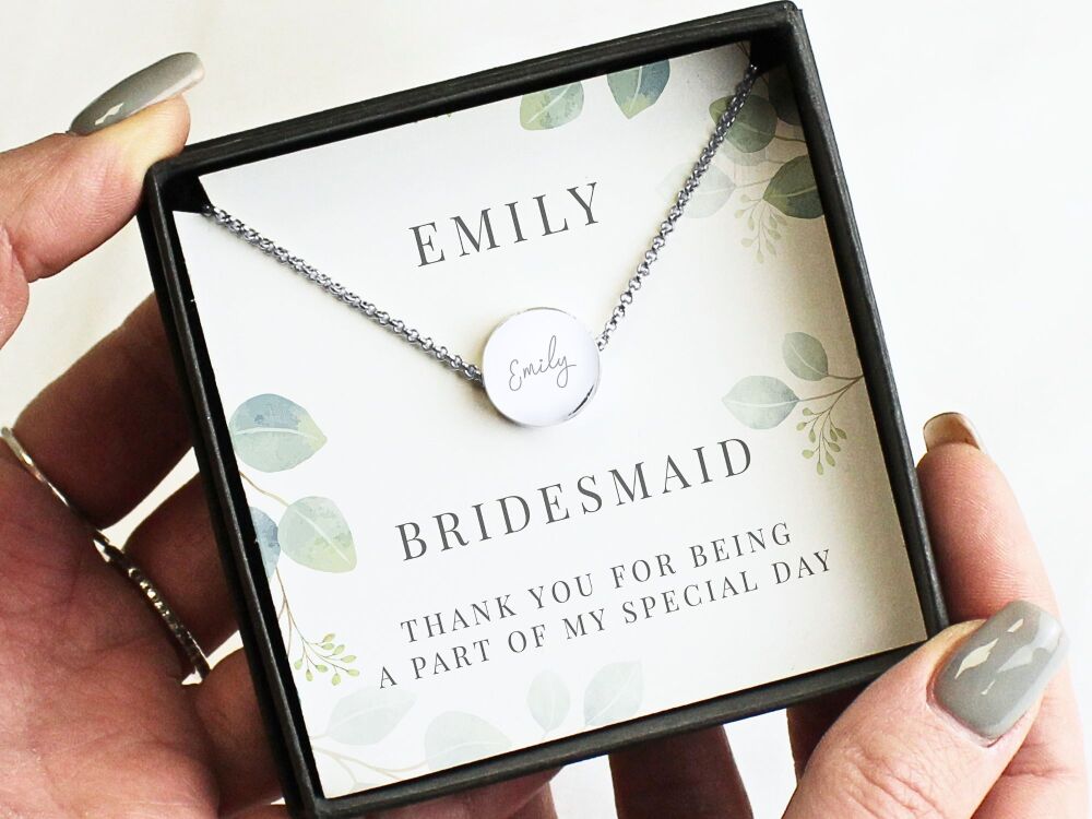 Personalised Bridesmaid Name Necklace with Custom Message Card