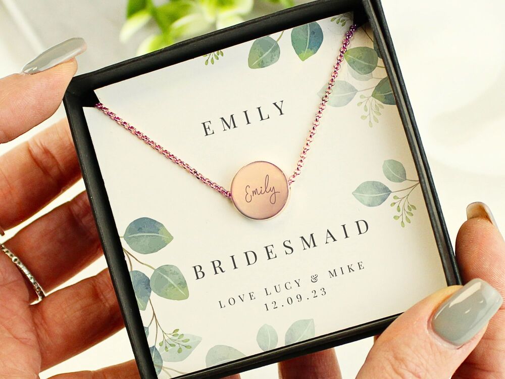 Personalised Rose Gold Bridesmaid Name Necklace with Custom Message Card