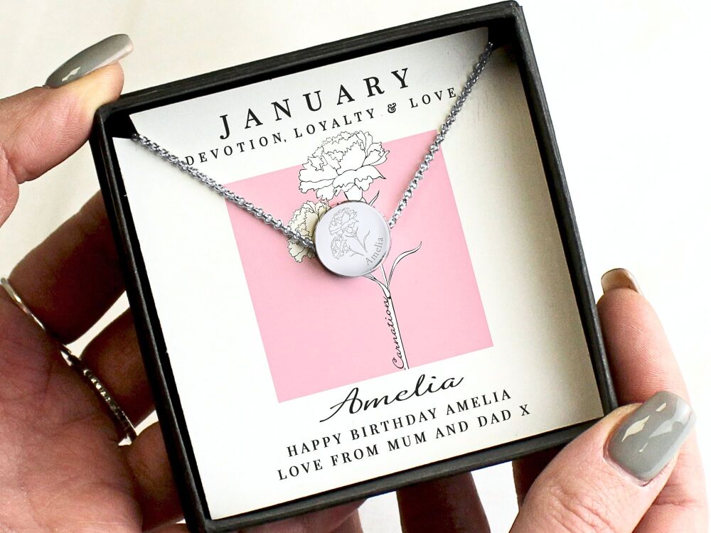 Personalised January Birth Flower Necklace &ndash; Carnation