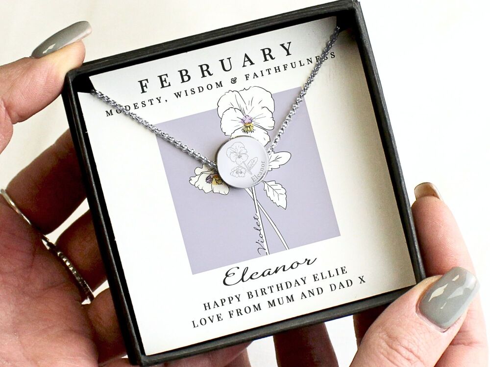 Personalised February Birth Flower Necklace &ndash; Violet