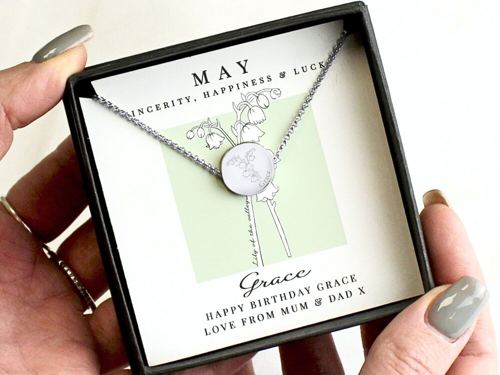 Personalised May birth flower necklace with Lily of the Valley