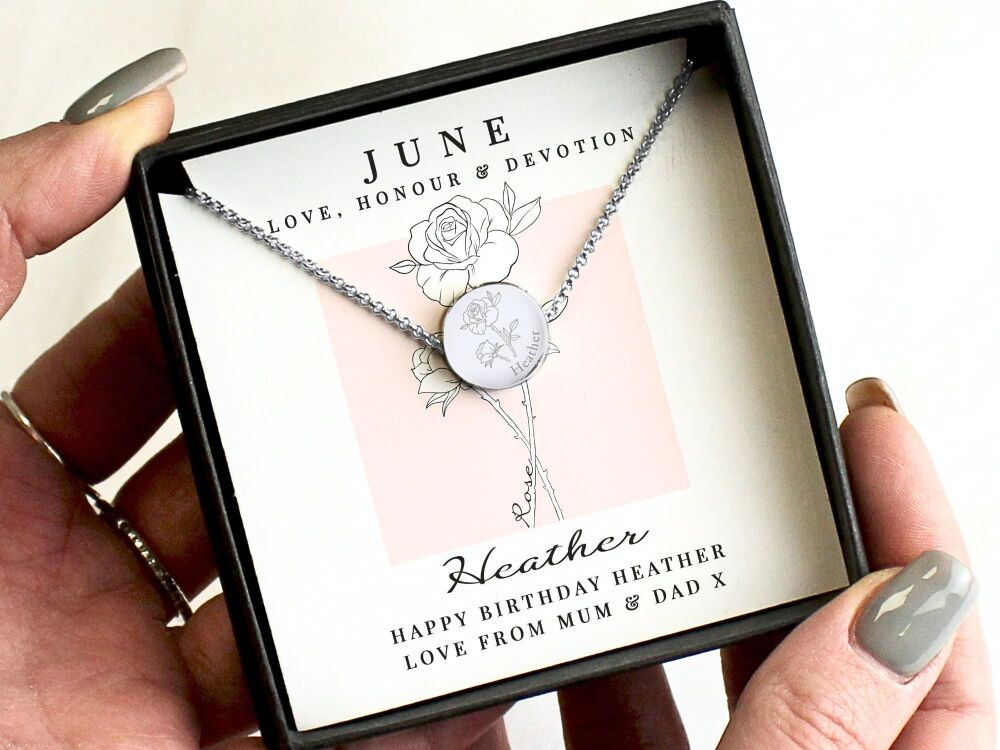 Personalised June Birth Flower Necklace &ndash; Rose