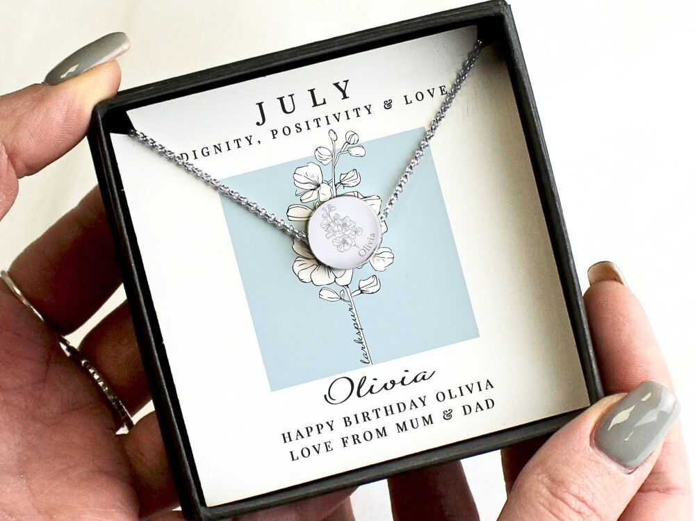 Personalised July Birth Flower Necklace &ndash; Larkspur