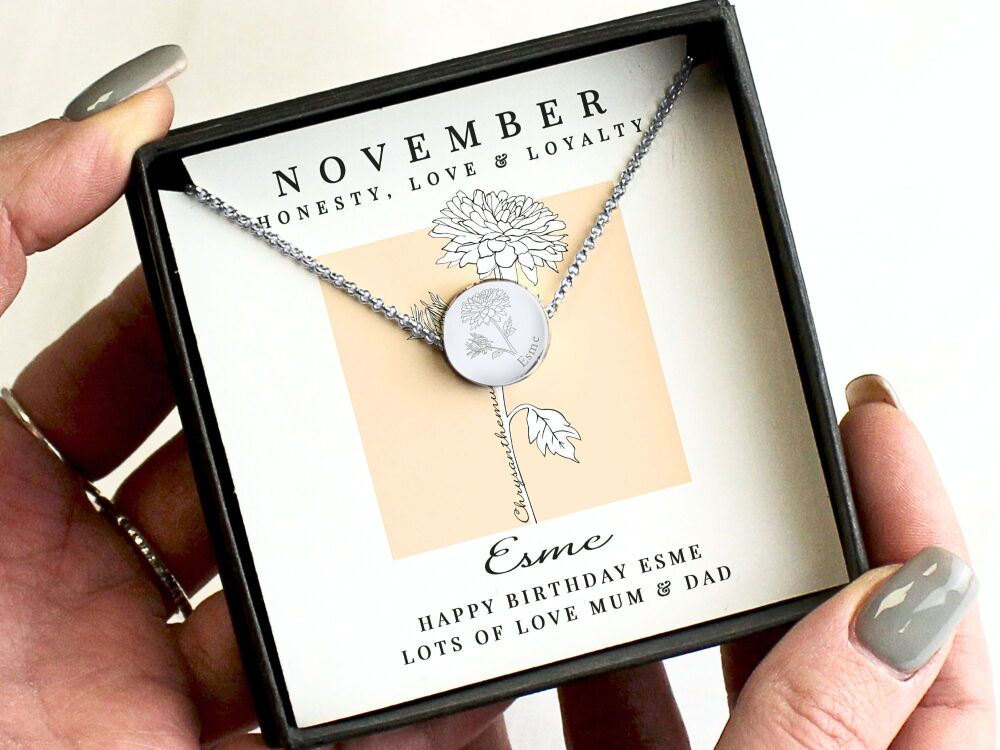 Personalised November Birth Flower Necklace &ndash; Chrysanthemum