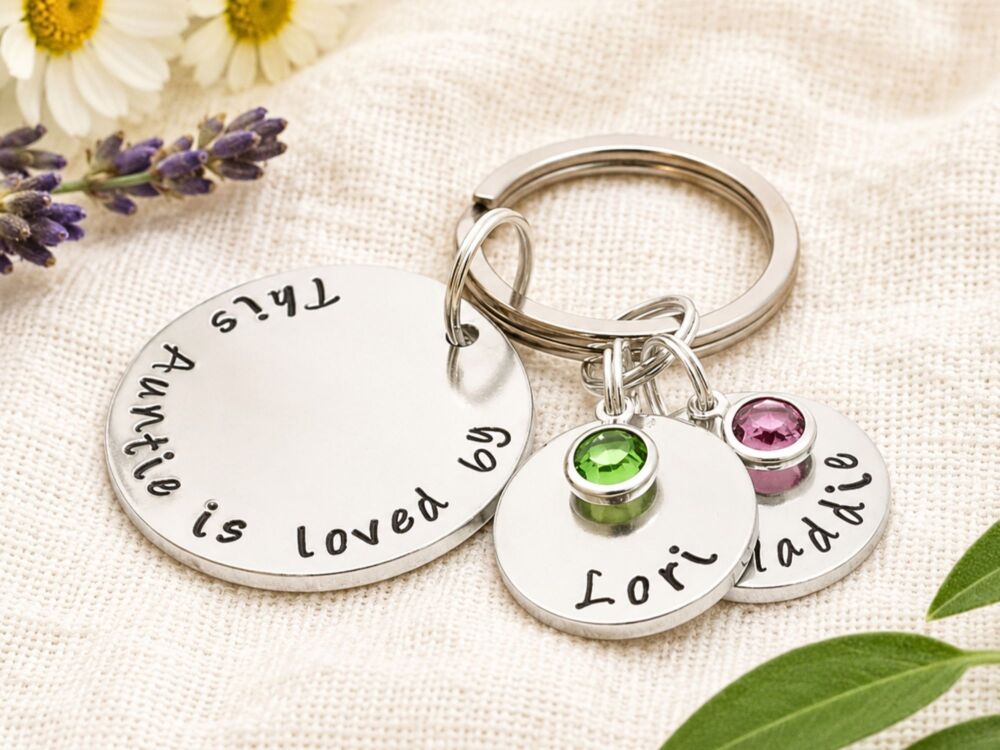 This Auntie Belongs To birthstone keyring handmade in Somerset