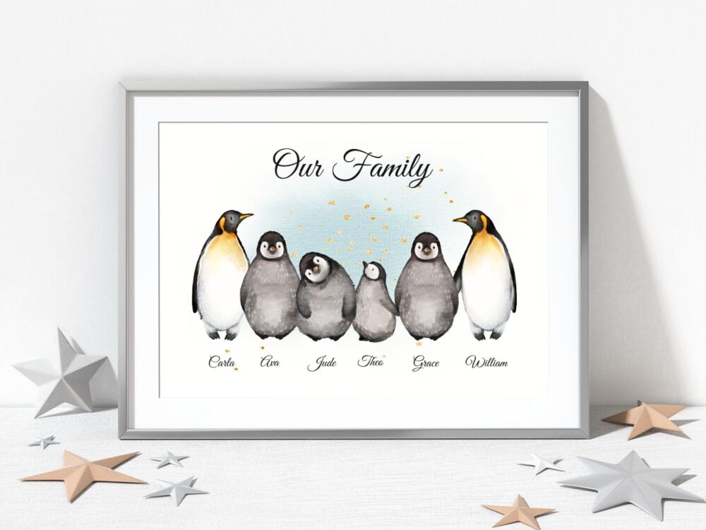 Personalised penguin family print with names on textured cardstock