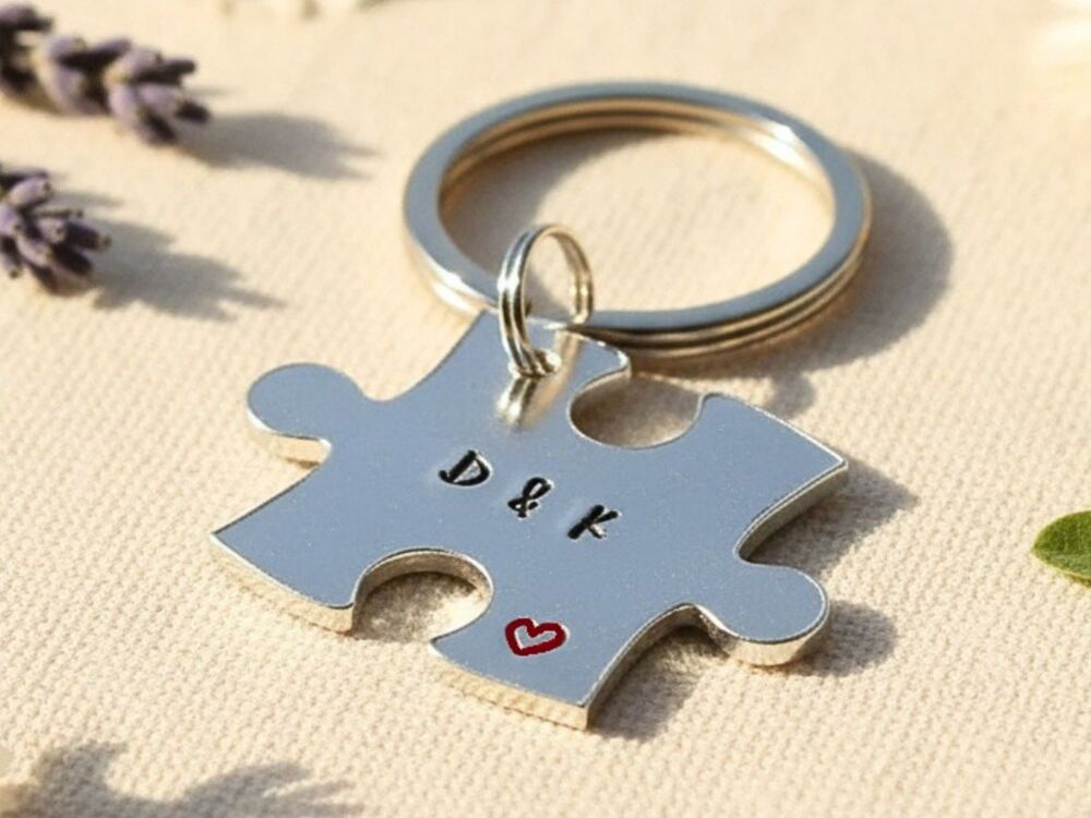 Personalised initials jigsaw puzzle keyring in hand stamped aluminium