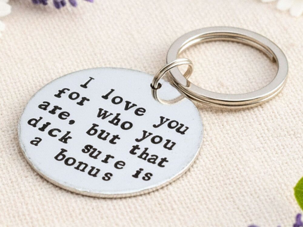Hand stamped personalised name keyring with cheeky message
