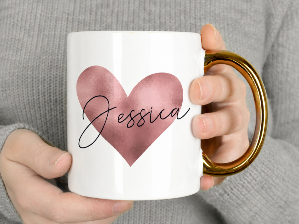 Personalised Pink Heart Name Mug with Gold Handle