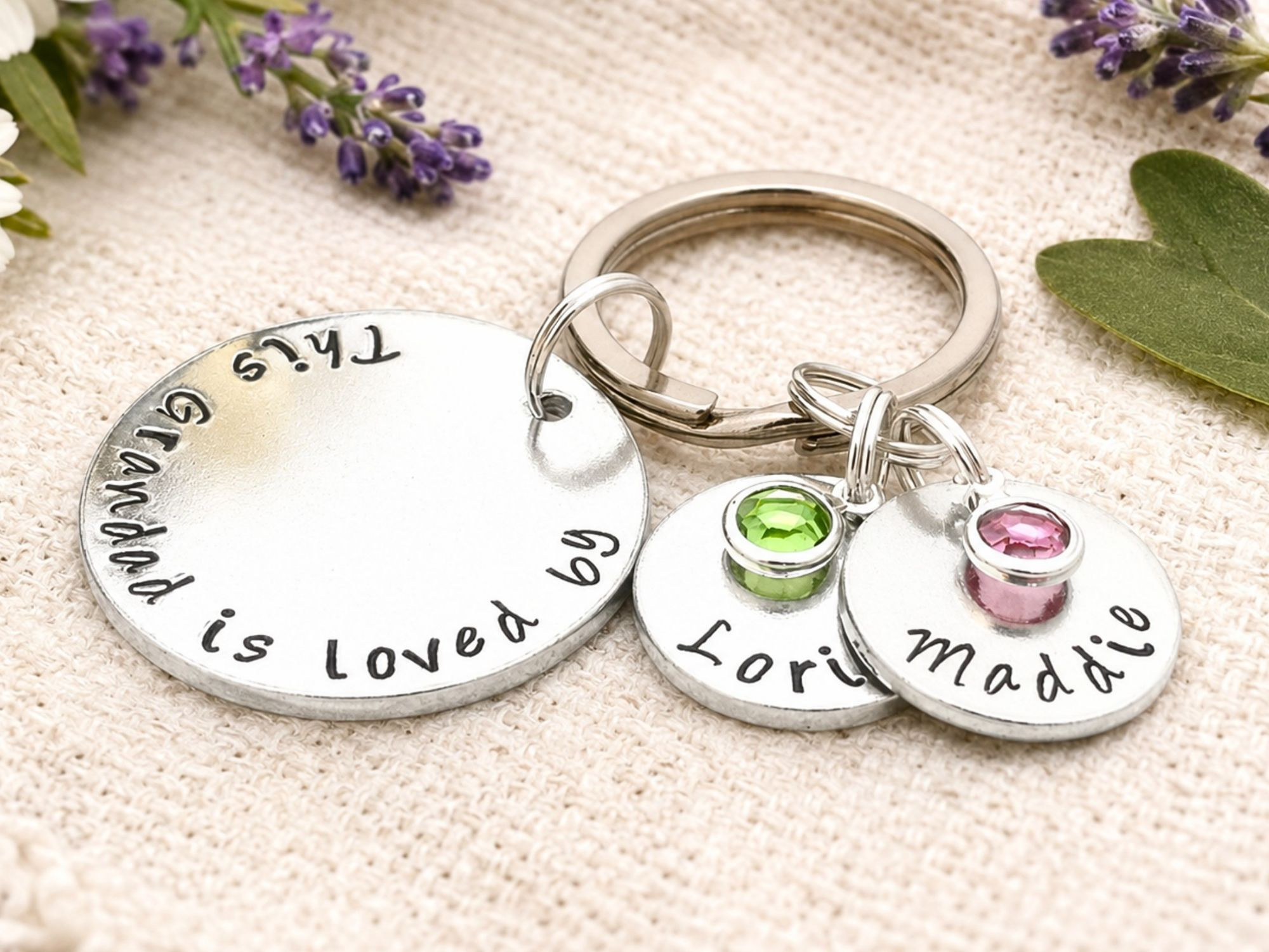 Hand stamped aluminium "This Grandad Belongs To" keyring with birthstone crystals