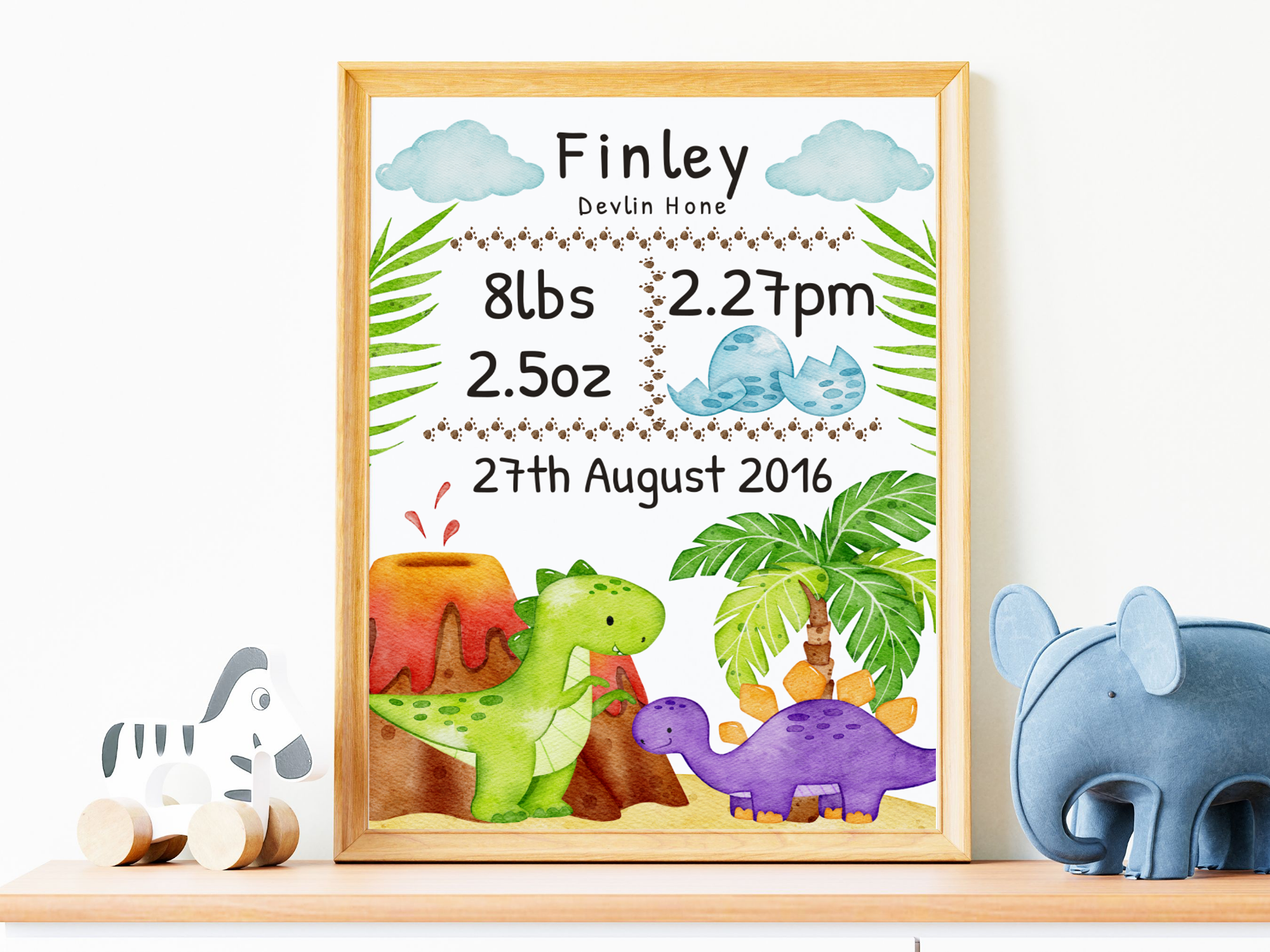 Personalised dinosaur nursery print featuring baby's birth details and name