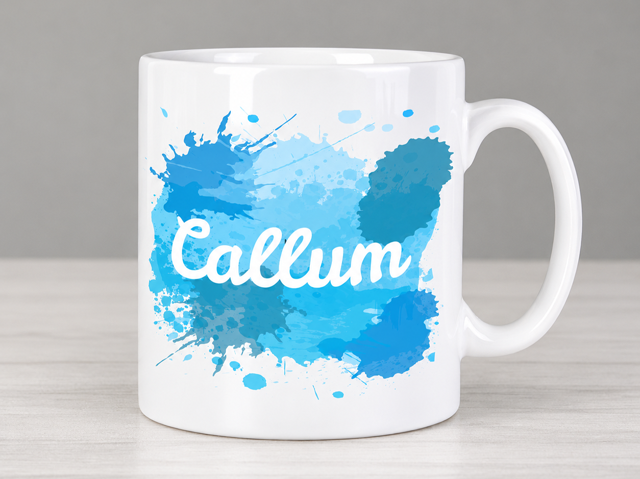 Personalised Colour Splash Name Mug with vibrant paint effect and custom name