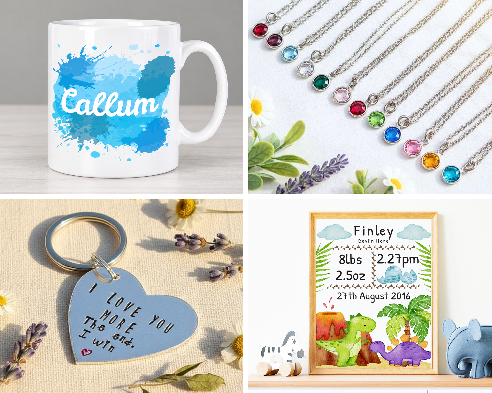 Collage featuring personalised gifts under &Acirc;&pound;15 including a personalised name mug, birthstone crystal necklace, hand stamped heart keyring and dinosaur birth details print