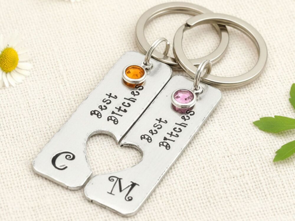 Personalised Best Bitches Birthstone Keyring Pair
