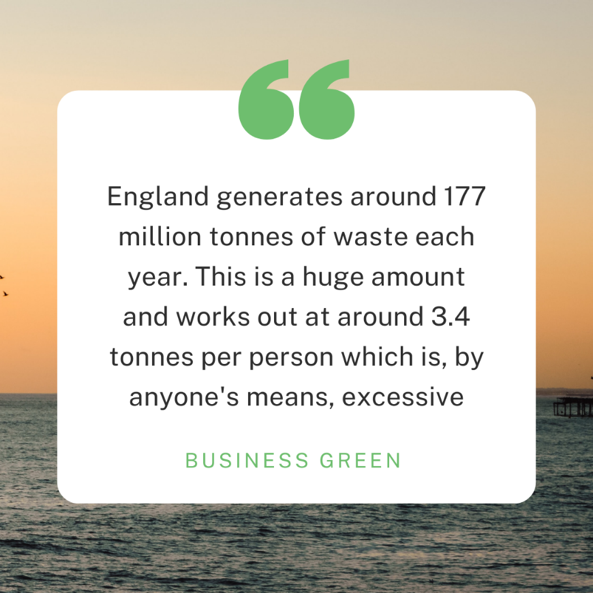 A statistic from Business Green "England generates around 177 million tonnes of waste each year. This is a huge amount and works out at around 3.4 tonnes per person which is, by anyone's means, excessive"