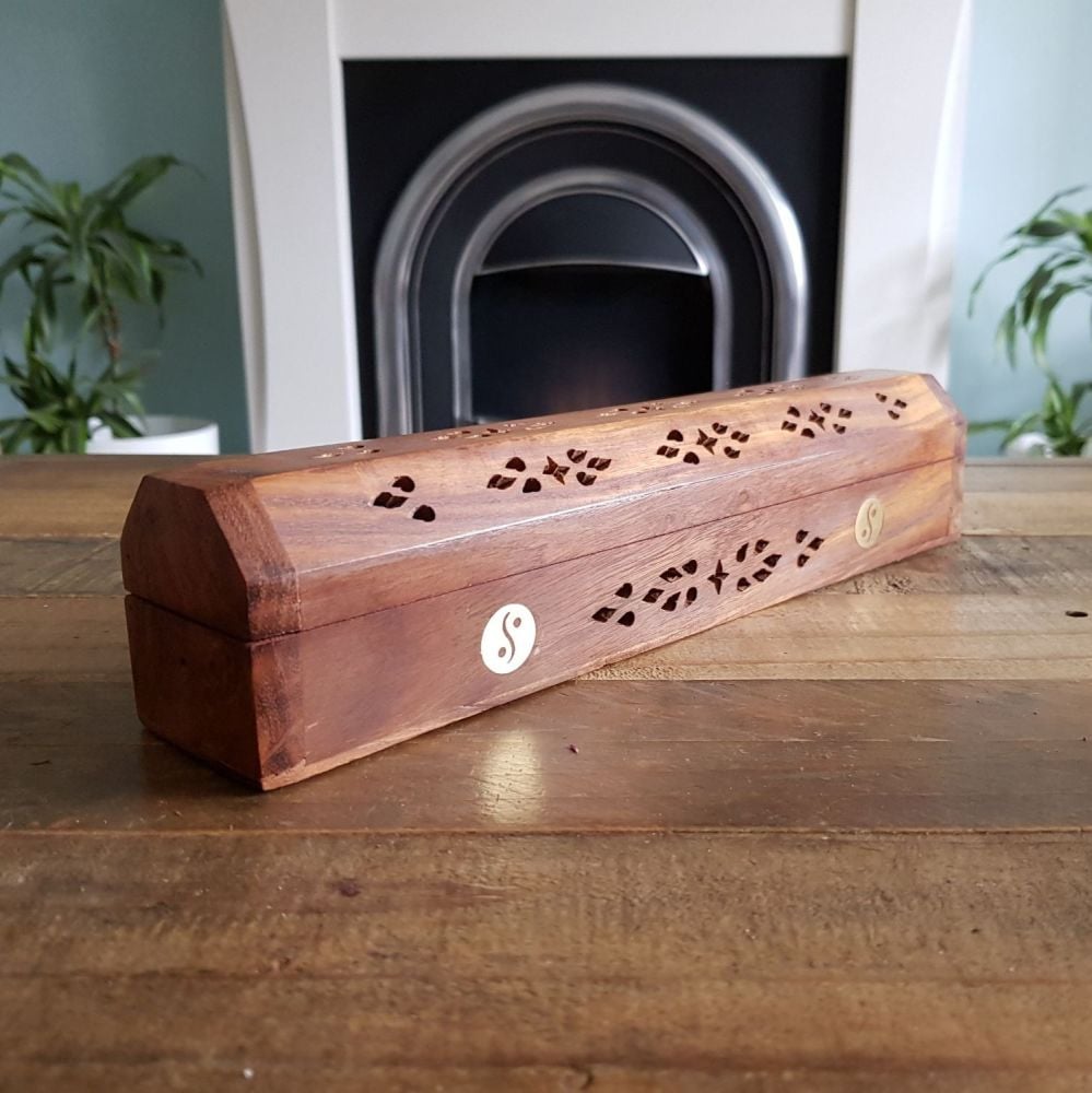 Sheesham Wood Ashcatcher Incense Burner Box Yin Yang Design