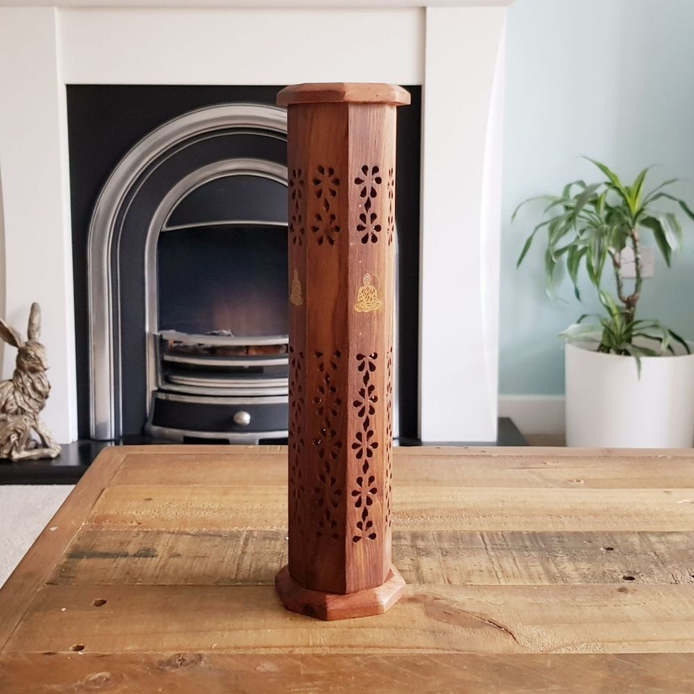 Wooden Incense Stick Tower Holder - Buddha Brass inlay