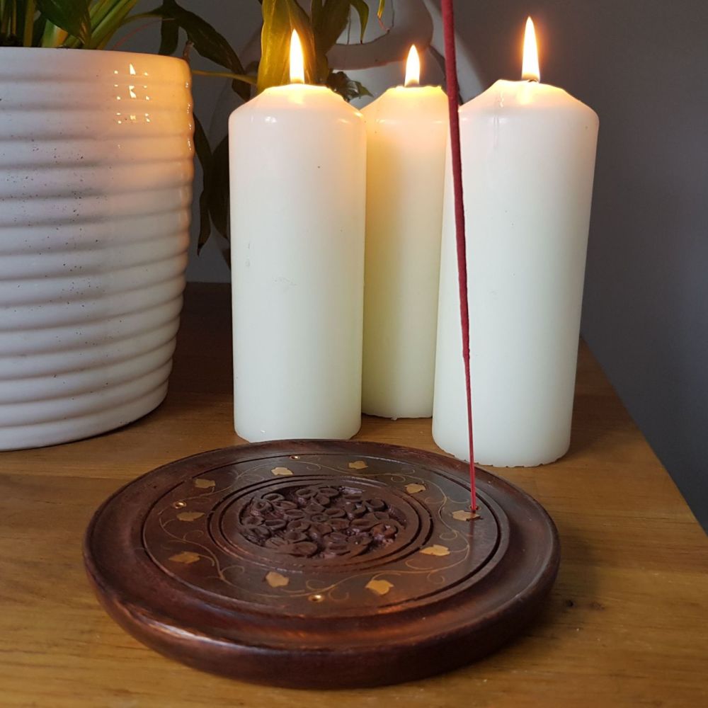 Wooden Incense Stick holder - Round Plate Floral inlay