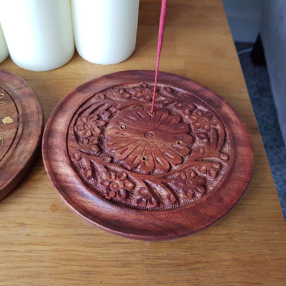 Wooden Incense Stick holder - Round Plate Carved
