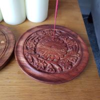 Round wooden Incense Stick plate holder - Carved 15cm