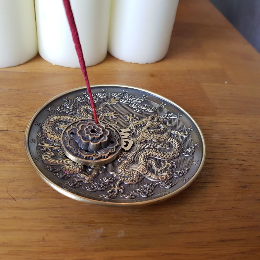 Round Metal Incense Stick holder plate - Chinese Dragon