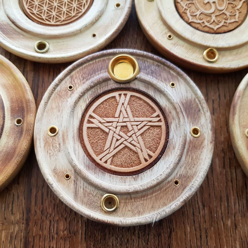 Round wooden Incense Stick & cone plate holder - Pentacle 10cm
