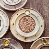 Round wooden Incense Stick & cone plate holder - Ohm 10cm