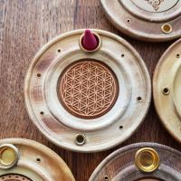 Round wooden Incense Stick & cone plate holder - Flower of Life