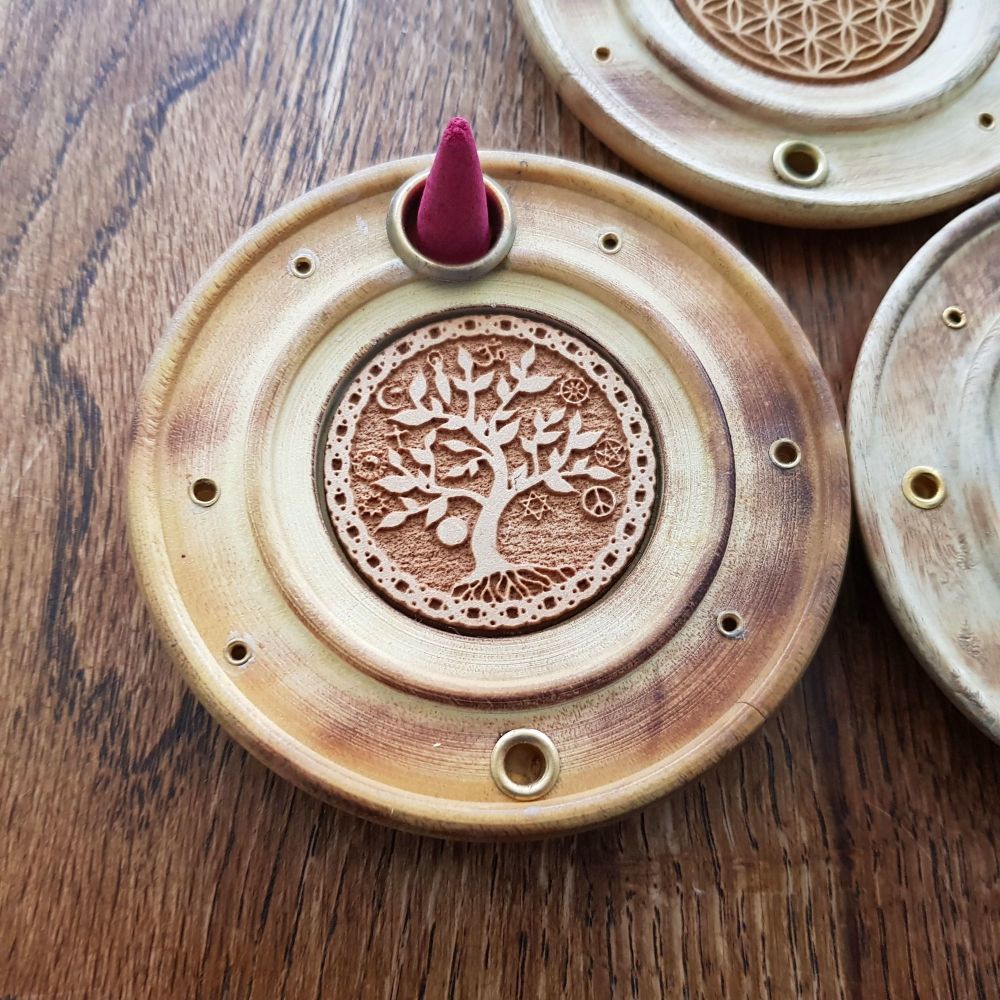 Round wooden Incense Stick & cone plate holder - Tree of Life 10cm