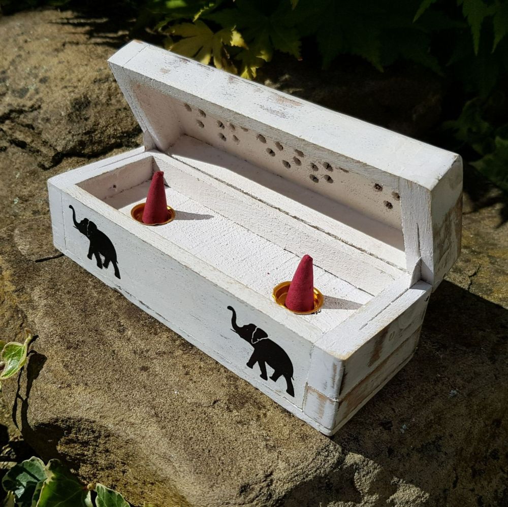 Small Mango Wood Incense Smoke box - White Washed Elephant 